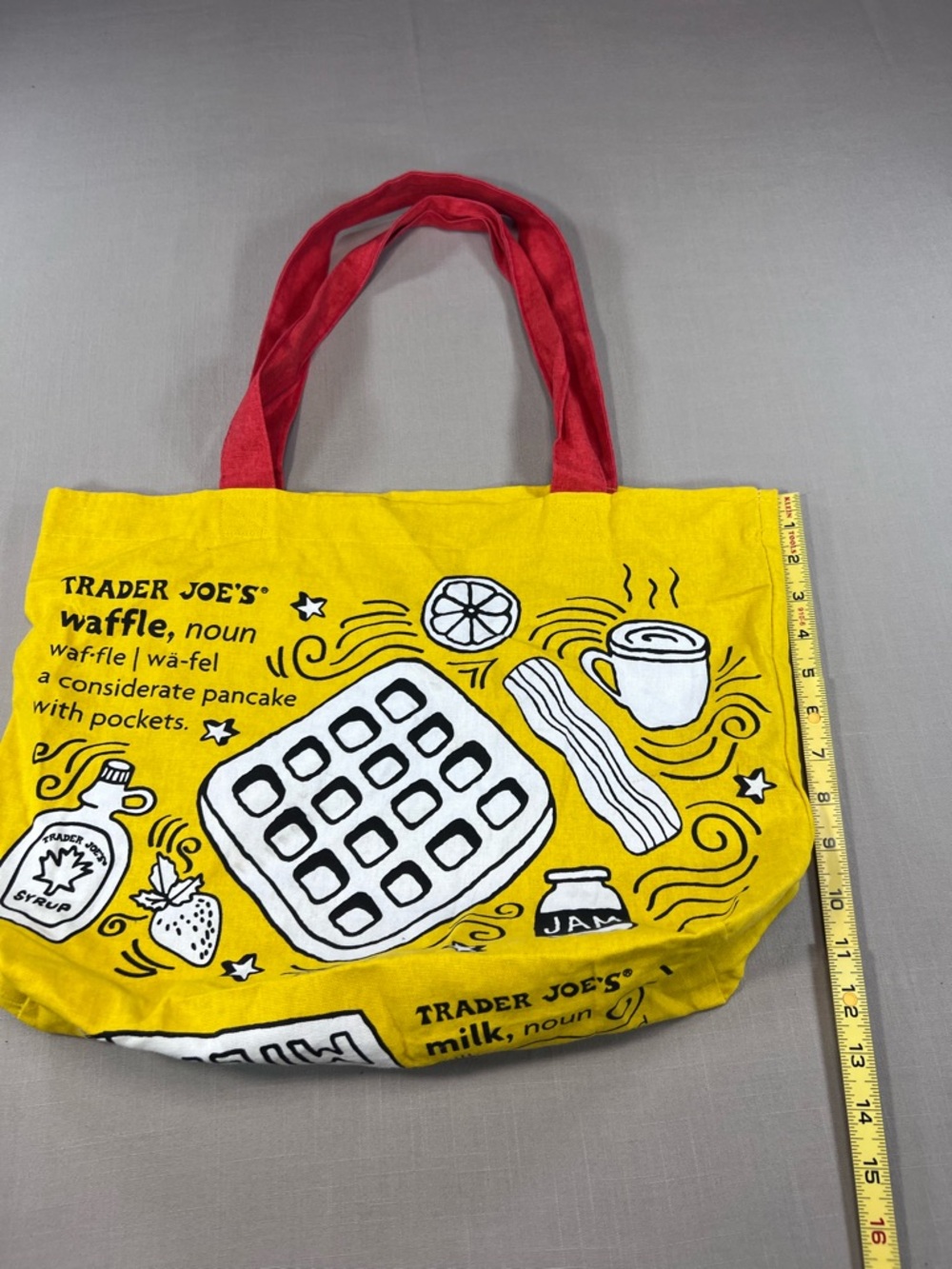 Trader Joe’s Yellow Canvas Tote Bag Red Handles Toast Milk Grocery Shopping Bag - Picture 6 of 8